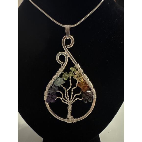 Drop 7 Chakra Tree Of Life Wire Wrapped Pendant Stone Gemstone Pendant Necklace - Picture 1 of 8